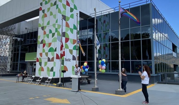 The British Columbia Lottery Corporation (BCLC) is celebrating Pride Month 2021 by raising the Progress flag outside its Kamloops headquarters.