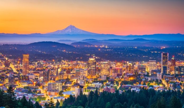 An image of the Portland Oregon skyline with Mount Hood in the background