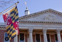 Intralot preparing legal action against Maryland Lottery contract reversal Maryland state flag outside the state Senate of Maryland