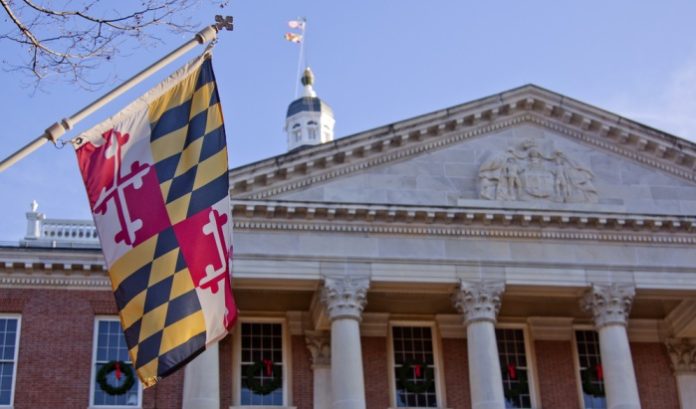 Maryland state flag outside the state Senate of Maryland