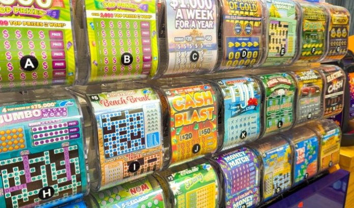 Lotto NZ scratchcards on display in a store in Wellington, New Zealand
