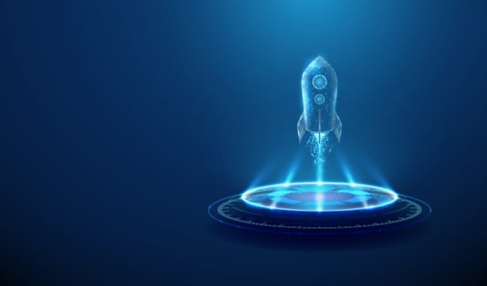 Tech-esque rocket ship taking off, symbolising a product launch